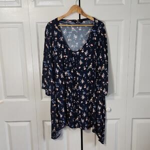 Ulla Popken Womens Navy Blue Floral Tunic Top Size 28/30 Shark Bite 1/2 Sleeve